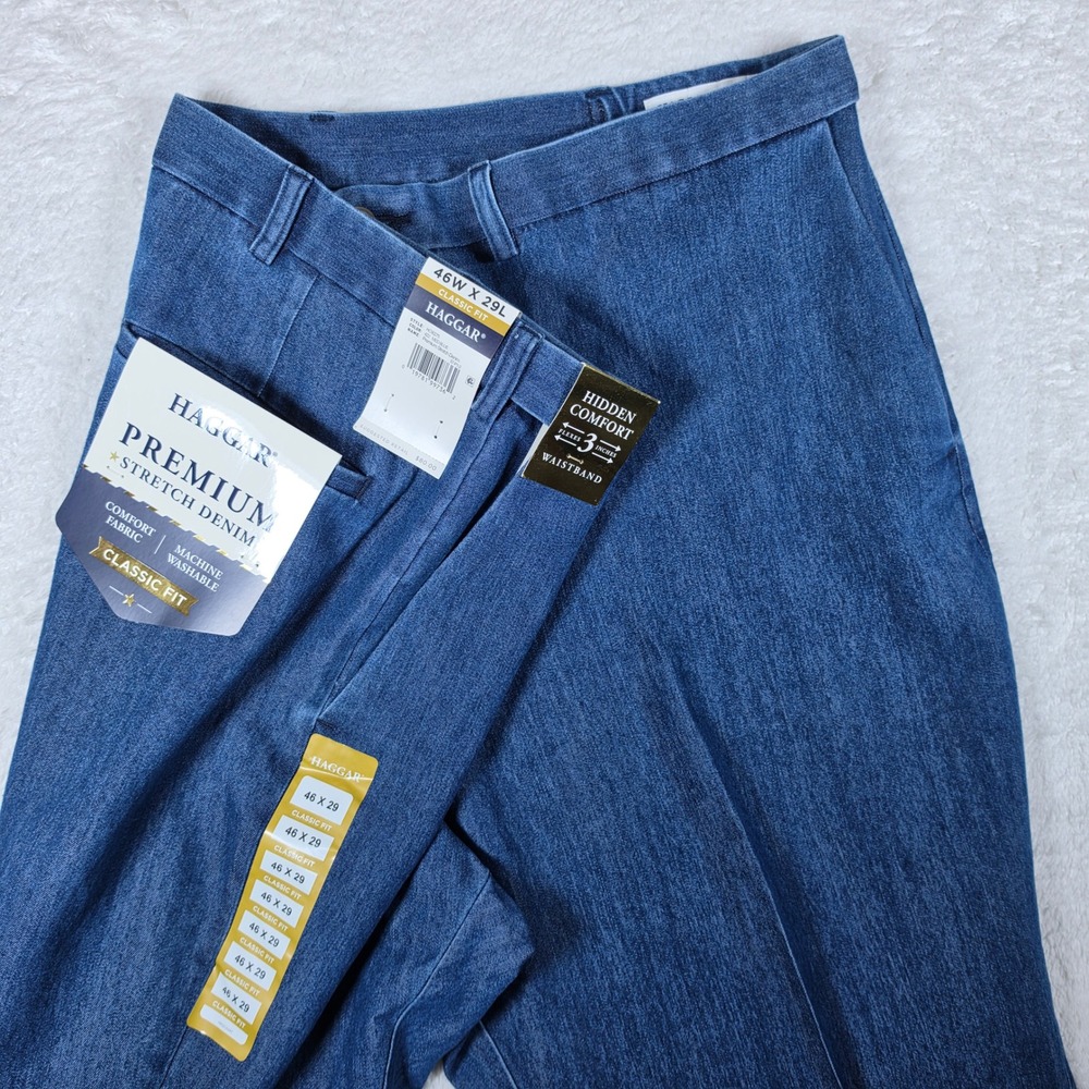 NEW Haggar Premium Stretch Denim Mens 46/29 Med Blue Classic Fit HC90275 Stretch